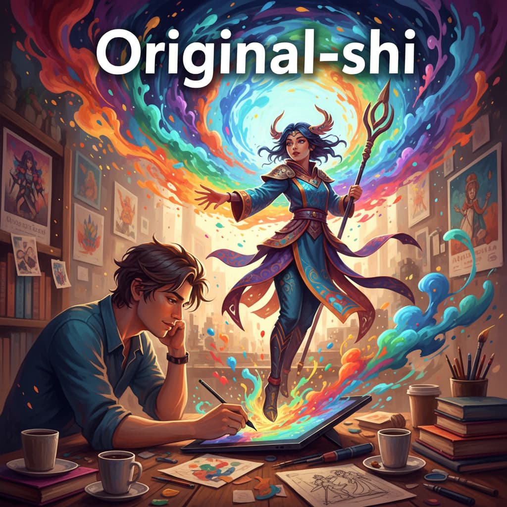 Un artiste dessine un personnage féminin sur une tablette, le personnage jaillit dans une explosion d'encre et d'effets numériques colorés, avec le texte 'Original-shi' superposé.