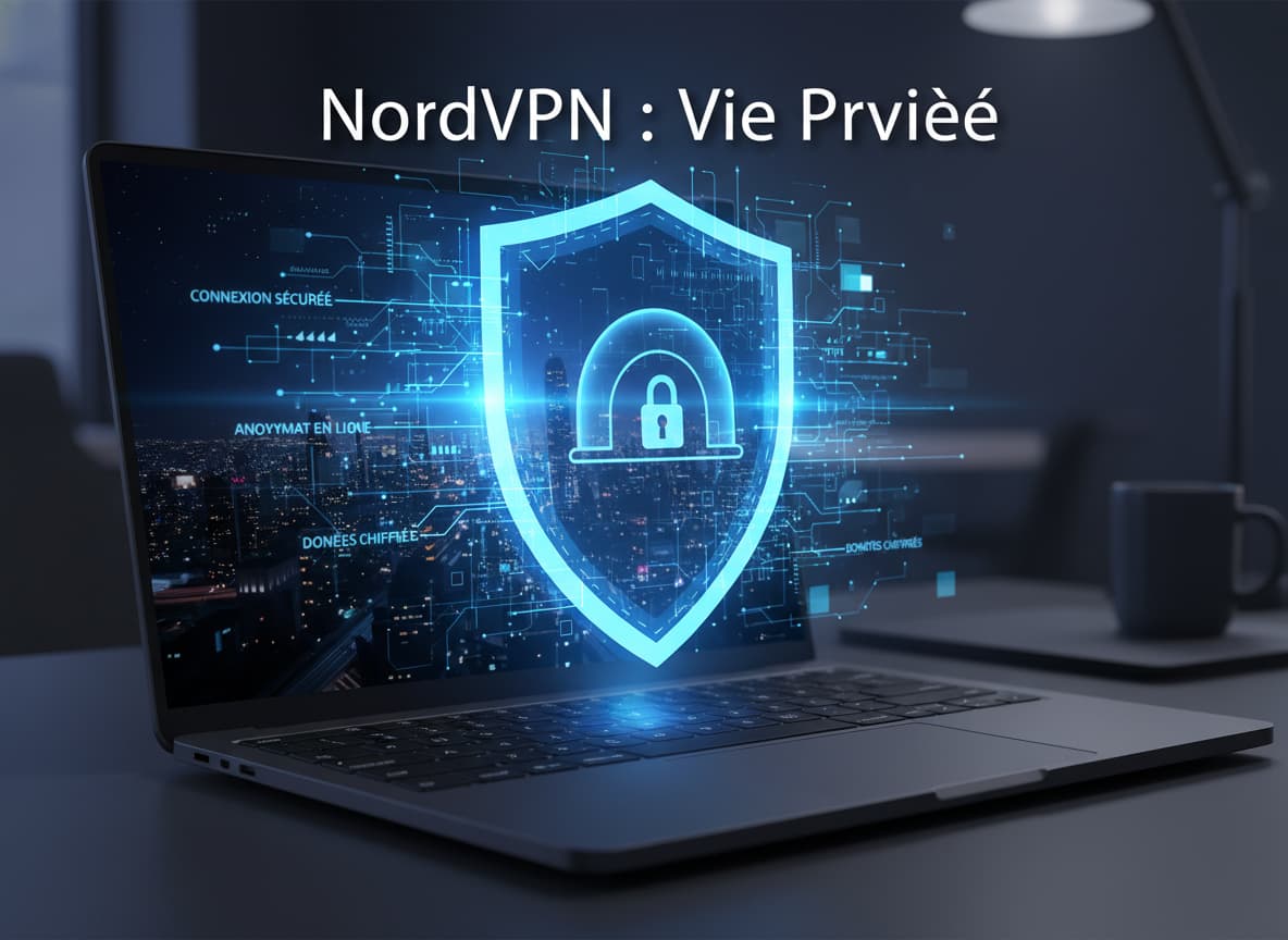 Bouclier numérique bleu futuriste protégeant un écran d'ordinateur portable avec flux de données lumineux et icône de tunnel sécurisé, texte superposé 'NordVPN : Vie Privée'.