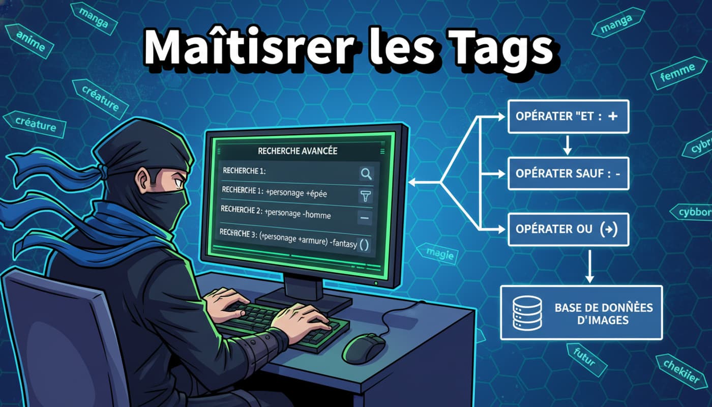 Un ninja stylisé anime utilise un terminal pour effectuer une recherche précise avec des opérateurs logiques, sur fond de matrice numérique d'étiquettes, avec le texte 'Maîtriser les Tags' en superposition.
