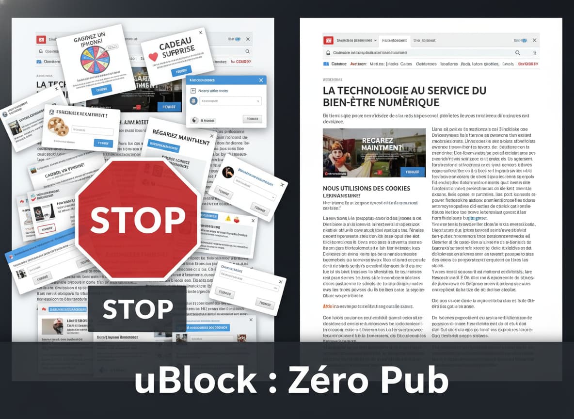 Comparaison en écran partagé d'une navigation encombrée de fenêtres publicitaires et d'une page épurée, avec le texte 'uBlock : Zéro Pub' superposé et un symbole d'arrêt rouge.