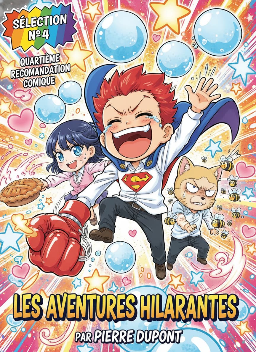 Couverture de manga colorée avec des personnages chibi expressifs et des icônes d'étoiles et de cœurs, surmontée d'un badge indiquant 'SÉLECTION N°4'.