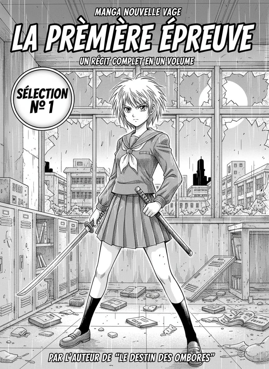 Couverture de manga dessinée à l'encre avec trames, représentant un personnage dans un cadre scolaire, avec un badge semi-transparent portant l'inscription 'SÉLECTION N°1'.