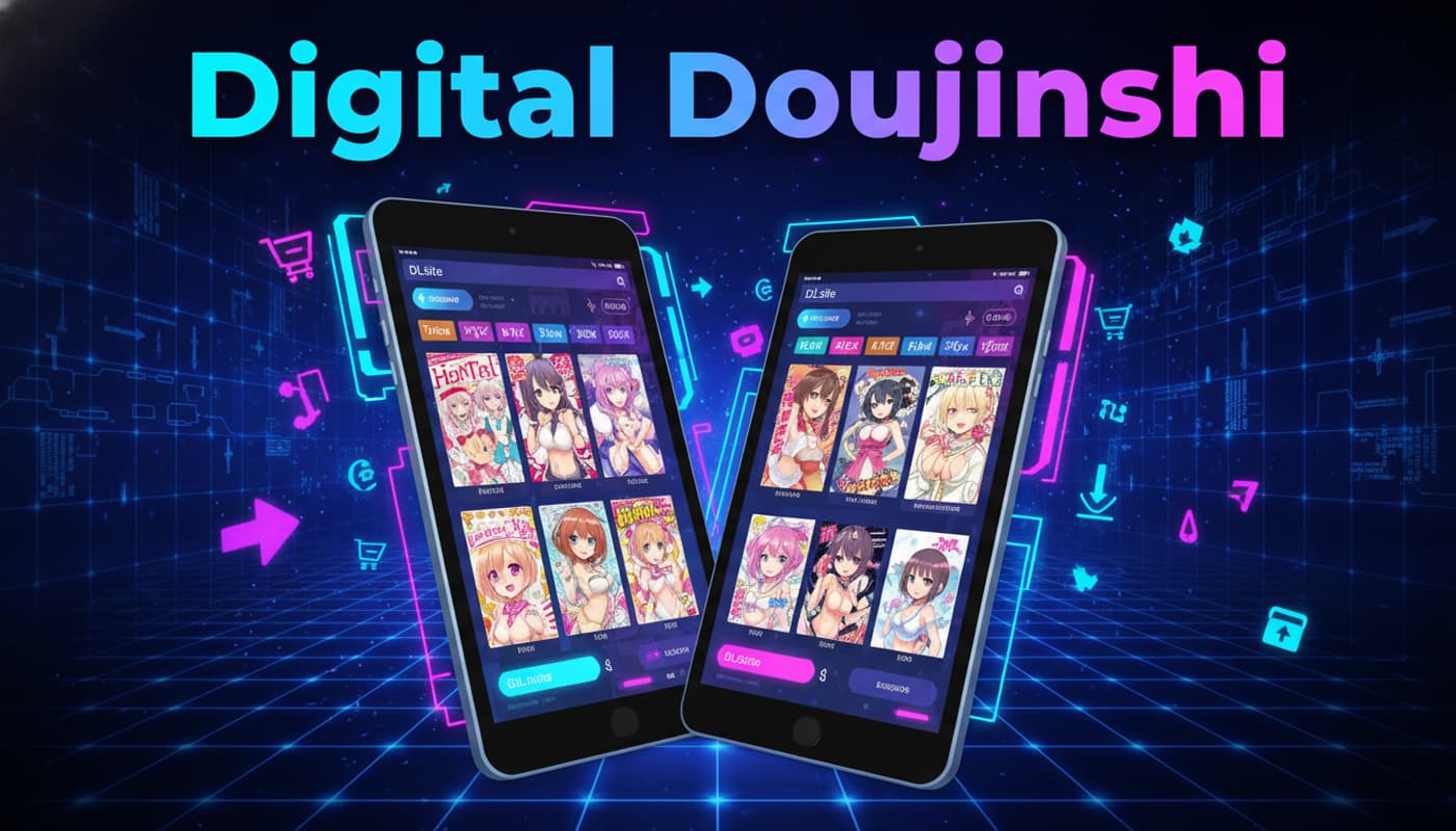 Un smartphone et une tablette affichent des pages de doujinshi hentai sur une interface numérique lumineuse avec un fond de cyberspace et des icônes de téléchargement flottantes, un texte 'Digital Doujinshi' ombragé en superposition.