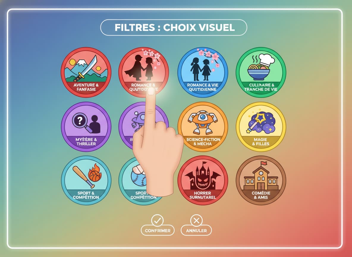 Grille d'icônes illustrant différents thèmes de manga, avec un doigt planant au-dessus d'une icône pour sélectionner, et un texte superposé 'Filtres : Choix Visuel' sur fond semi-transparent.