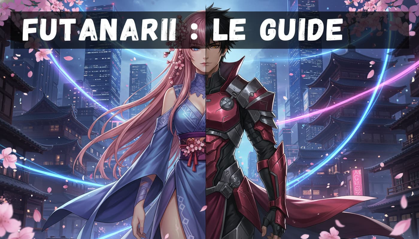 Anime-style header featuring a stylized character with both feminine and masculine traits, standing in a Japanese urban scene with neon lights and cherry blossom petals, overlay text 'FUTANARI : LE GUIDE'.