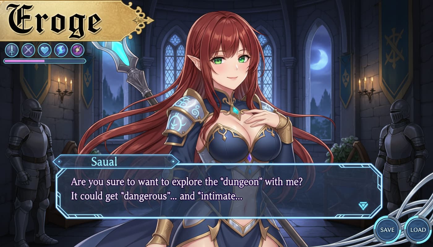 Interface de visual novel avec personnage féminin illustré, boîte de dialogue, fond de château intérieur et texte 'Eroge' avec ombre portée.
