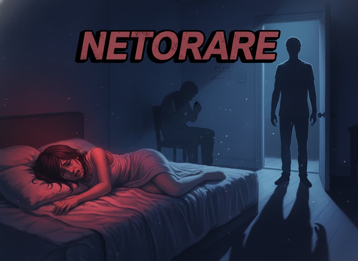 Dans une chambre faiblement éclairée, une femme allongée sur un lit tend la main vers une silhouette masculine sombre dans l'embrasure de la porte, tandis qu'une autre silhouette masculine est assise en arrière-plan ; le texte 'Netorare' est superposé avec une ombre portée.