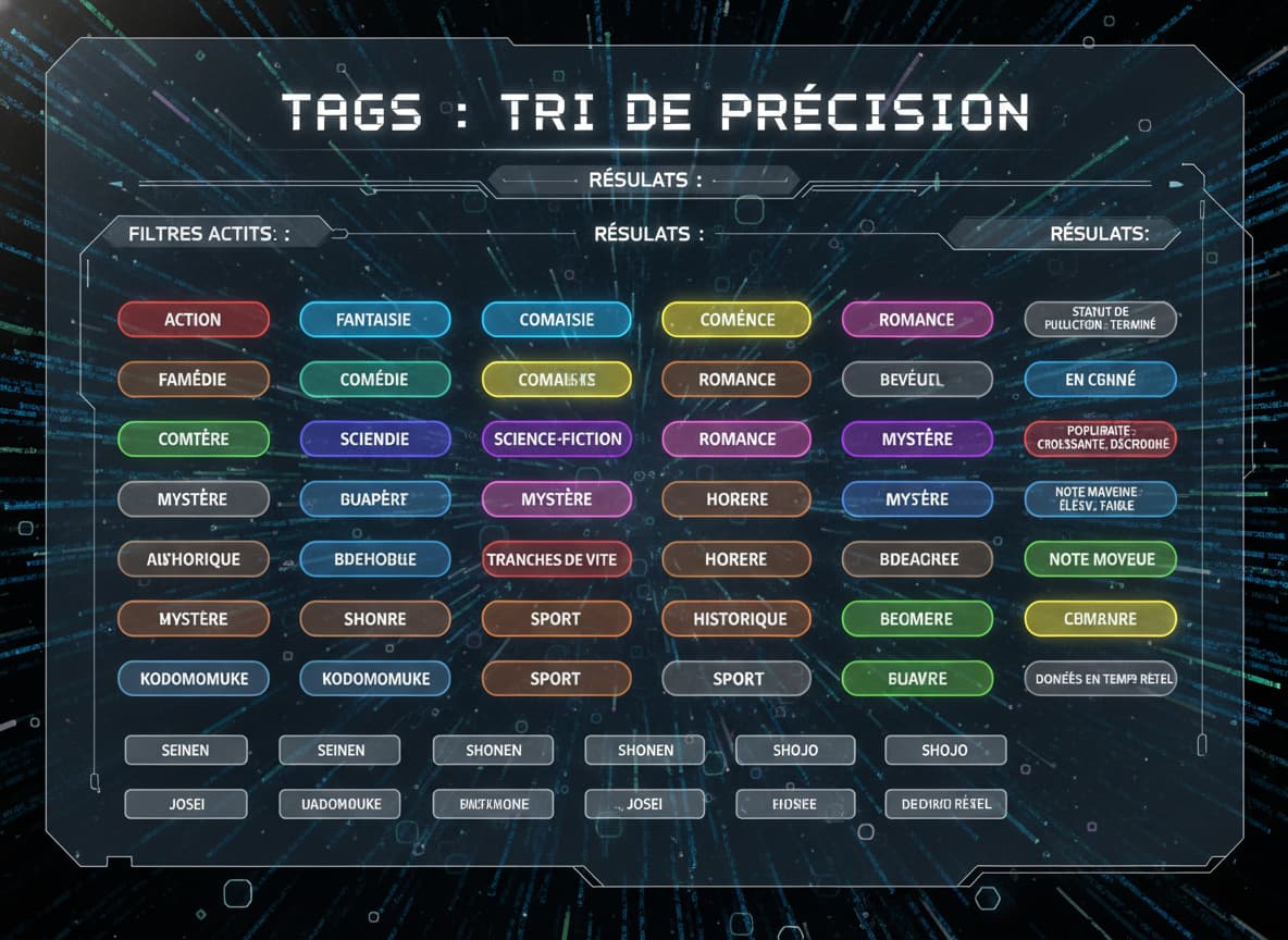 Panneau de contrôle futuriste avec boutons lumineux représentant des genres de manga, sur fond de flux numérique, avec le texte 'Tags : Tri de Précision' en surimpression.