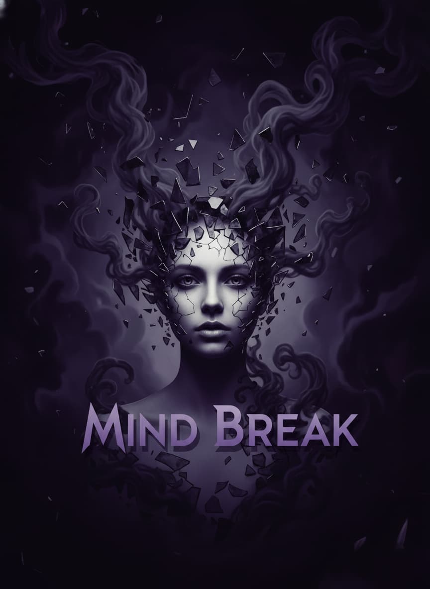 Une figure féminine à l'expression vide, sa tête entourée de fragments de verre fissuré et de tentacules sombres, avec le texte 'Mind Break' superposé dans une palette monochromatique de violets profonds et de noirs.