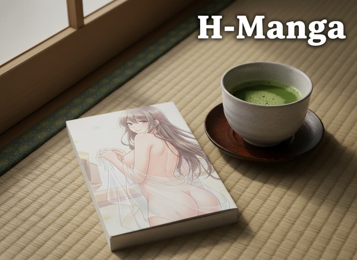 Un volume tankōbon à la couverture érotique posé sur un tatami, à côté d'une tasse de thé vert, éclairé par une lumière naturelle provenant d'une fenêtre en papier, avec le texte 'H-Manga' en superposition.